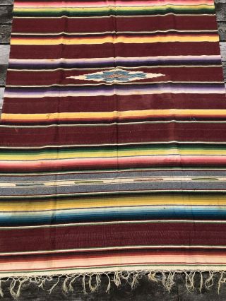 Antique VTG MEXICAN SALTILLO WOOL Blanket Serape Fringe 83 X 51 Folk Art Maroon 2