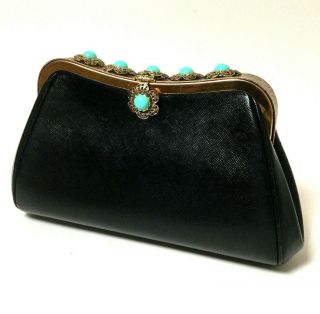 Vtg Milch Turquoise Jeweled Engraved Leather Evening Handbag Clutch