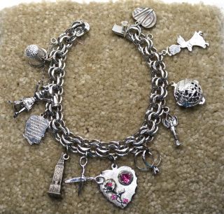8 Inch Double Link Bracelet Elco Sterling 11 Misc Charms Vintage 1960s - 1970s
