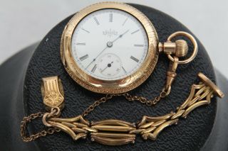 1897 Antique Elgin 6s 15j Open Face Pocket Watch With Chain & Fob