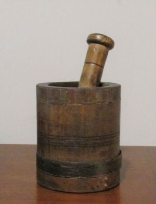 Vintage Wood Mortar And Pestle With Brass Bands