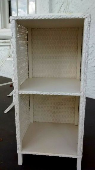 Vintage White Wicker Rattan 3 Shelf Stand Side Table