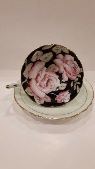 Vintage Paragon Cup And Saucer Black Green Pink Roses