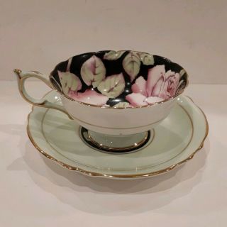 Vintage Paragon Cup And Saucer Black Green Pink Roses 5
