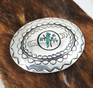 Vintage Navajo Sterling Turquoise Coral Bird Inlay Old Pawn Signed H Belt Buckle