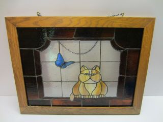 Vtg Large Lead Stained Glass Window Wall Hanging Sun Catcher Cat Butterfly Cute