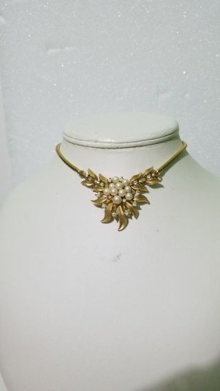 Vintage Signed Trifari Necklace Clear Rhinestone/ Faux Pearl Gold Plated