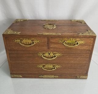 Vintage Ornate Wood Brass Drawer Accent Japan Made Jewelry Box No Key Art Crafts