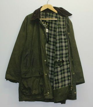 Vintage Barbour Classic Bordor Waxed Cotton Jacket Coat Green C44 / 112cm Plaid