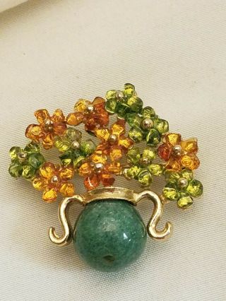Vintage Swoboda Flower Pin Brooch Bouquet Vase Jade Green Orange Gold Tone