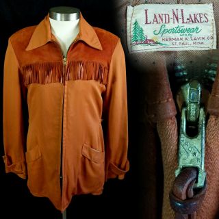 Vintage 1940s 1950s Land - N - Lakes Gabardine Fringed Western Jacket 38