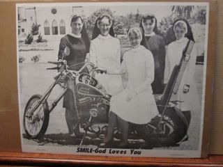 Vintage 1971 Smile God Loves You Black/white Nun Motorcycle Poster 10249