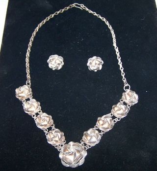 Vintage Taxco.  925 Sterling Silver Rose Necklace & Earring Th - 38 Hubert Harmon?