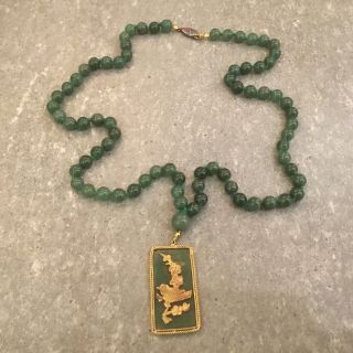 Vintage Green Nephrite Jade Pendant And Bead Necklace