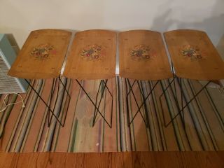 Set Of 4 Vintage Hasko Haskelite Wood Lithograph Tv Trays Mcm Metal Legs