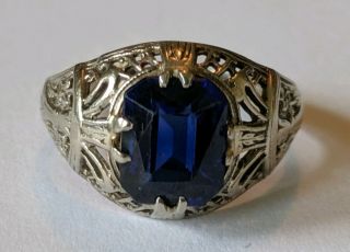 Antique Art Deco 10k White Gold Filigree Blue Stone Ring Size 5 1/2