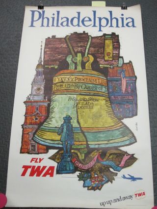 Vintage Fly Twa Philadelphia Poster By David Klein 25x40 1960 
