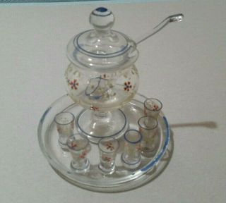 Antique Miniature Blown Glass 10pc Punch Bowl Set Dollhouse Or Doll Accessory