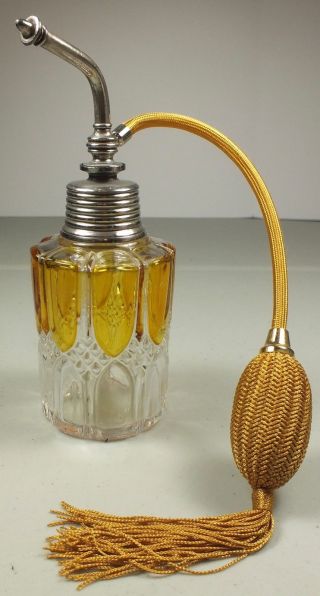 Gorgeous Vintage Amber Stain Pattern Glass Perfume Atomizer Bottle W/ Gold Bulb