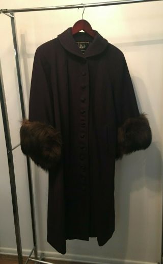 Vintage Opera Coat Navy Wool And Fox Fur Collar Cuff Cape Long Jacket 1950 Xl