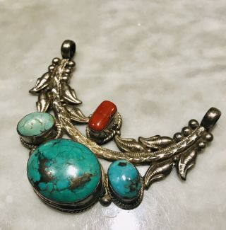 Vintage American Indian Navajo Sterling Silver Turquoise Coral Pendant (63g)