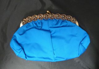 Vintage Blue Satin Clutch Bag Coin Purse With Gold Tone Flower Design