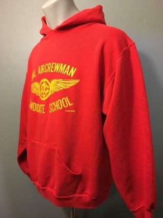 Vtg 70s Naval School Hoody Sweatshirt Mens L US Navy Military Russell Raglan Red 4