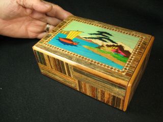 Vintage Japaneses 1950 Marquetry Magic Puzzle Box 100,  Parquetry Inlay Wood