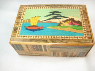 VINTAGE JAPANESES 1950 MARQUETRY MAGIC PUZZLE BOX 100,  PARQUETRY INLAY WOOD 5