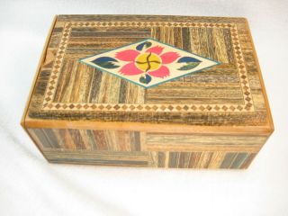 VINTAGE JAPANESES 1950 MARQUETRY MAGIC PUZZLE BOX 100,  PARQUETRY INLAY WOOD 6