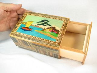 VINTAGE JAPANESES 1950 MARQUETRY MAGIC PUZZLE BOX 100,  PARQUETRY INLAY WOOD 7