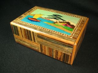 VINTAGE JAPANESES 1950 MARQUETRY MAGIC PUZZLE BOX 100,  PARQUETRY INLAY WOOD 8