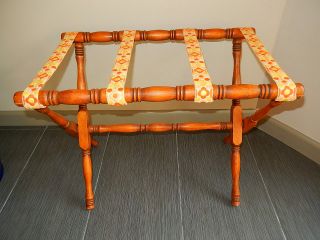 Luggage Rack Maple Spindle Embroidered Straps Vintage