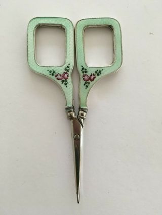 Vintage Embroidery Scissors With Guilloche Enamel And Silver Trim On Handles