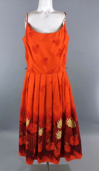Vintage 50s Womens Large Bright Orange Hawaiian Floral Pineapple Print Dress