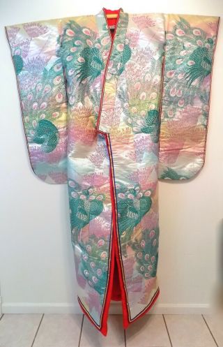 Vintage Long Pink Handmade Silk Colorful Japanese Kimono Robe Ceremonial Peacock