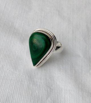 Vintage Handcrafted Large Sterling Silver & Green Malachite Stone Ring - Size 10