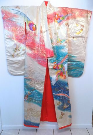 Vintage Long Blue Handmade Silk Colorful Japanese Kimono Robe Ceremonial