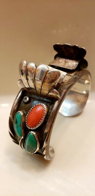Vintage Navajo Old Pawn Sterling Silver Coral Turquoise Watch Cuff Bracelet 76g