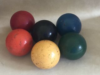 Vintage 3.  5 " Wood Croquet Ball Set 6 Solid Colors Smooth