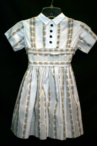 4 - 5 - 6 Little Girls Gray Floral Stripe Vtg 50s 60s Alyssa Full Skirt Childs Dress