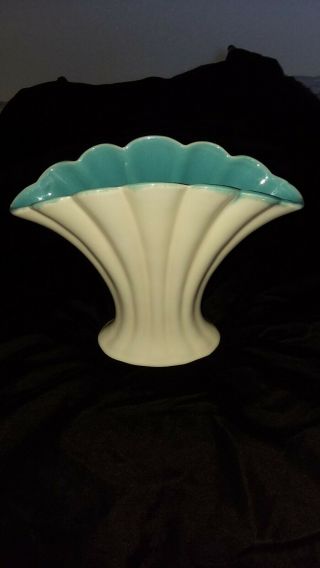 Vintage Gladding McBean Catalina Pottery Fan Vase C310 Ivory and Turquoise 2