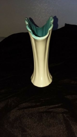 Vintage Gladding McBean Catalina Pottery Fan Vase C310 Ivory and Turquoise 3