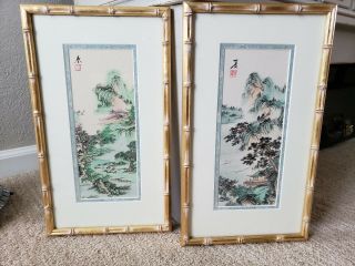Vintage Seasons Asian Watercolor Prints Oriental Chinese Wood Gold Bamboo Frames