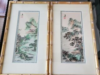 Vintage Seasons Asian Watercolor Prints Oriental Chinese Wood Gold Bamboo Frames 2