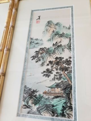 Vintage Seasons Asian Watercolor Prints Oriental Chinese Wood Gold Bamboo Frames 3