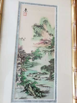 Vintage Seasons Asian Watercolor Prints Oriental Chinese Wood Gold Bamboo Frames 4