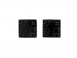 Authentic Vintage Chanel Earrings Camellia Cc Logo Black Plastic Ea1187