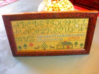 Vintage Framed Sampler - " Alphabet In Upper & Lower Case Letters,  Reindeer & Cabin