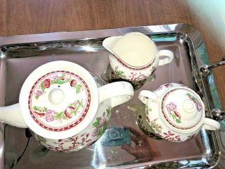 England INDIAN TREE Teapot,  Cream & Sugar Vintage W.  R.  Midwinter Ltd.  pink green 4
